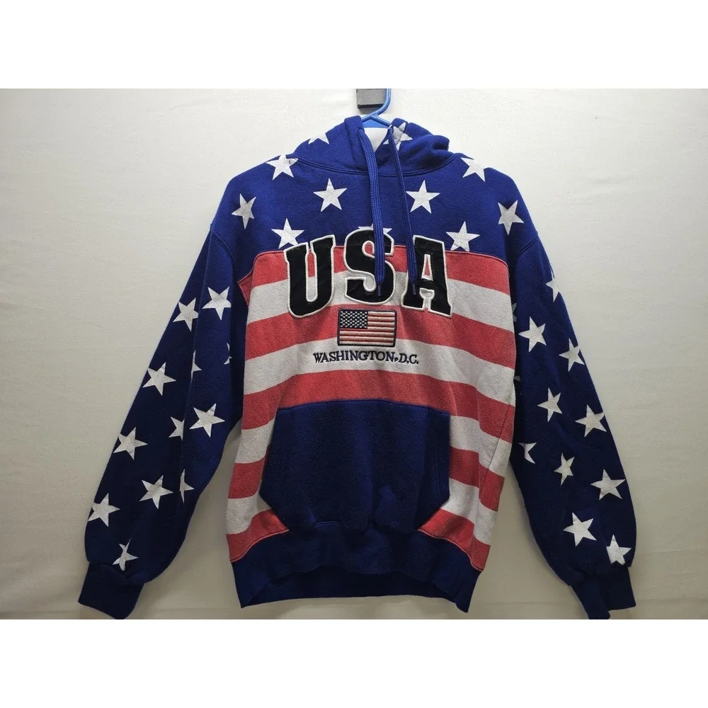 VTG 90s USA Flag Hoodie Sweatshirt Medium Washington DC Stars Stripes July 4 250